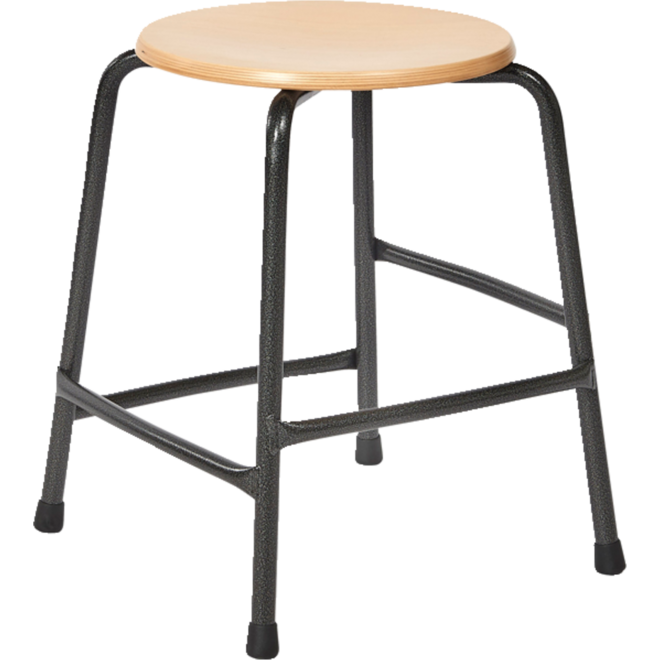Taboeret stapelbaar metaal 50 cm hoog zwart met beuken zitting met verspringende voetsteunen