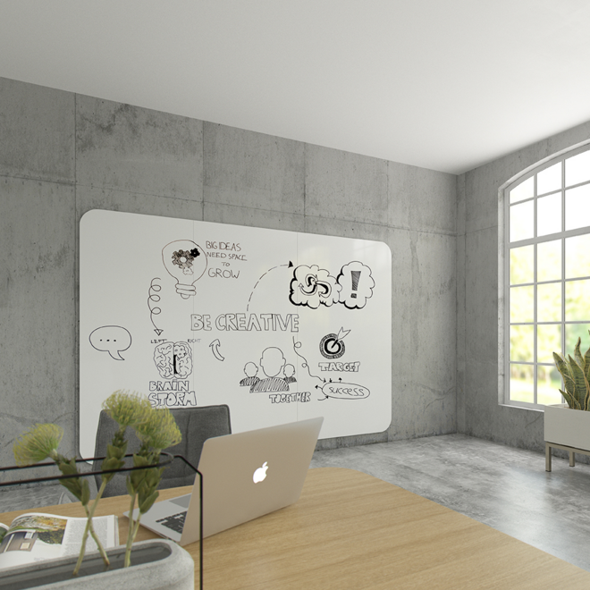 Whiteboard VisuWall met zwarte rand en afgeronde hoeken,  294 × 198 cm