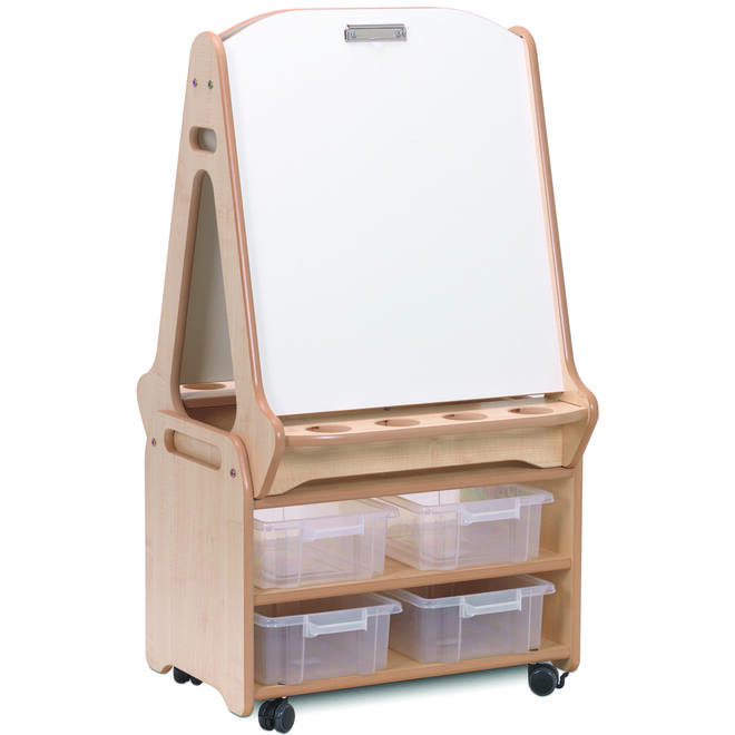 Ezel met dubbelzijdige whiteboard op hoge opbergtrolley, PT562