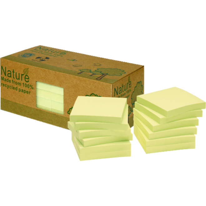 Memoblaadjes 75 x 75 mm geel recycled, 12 blok a 100 vel