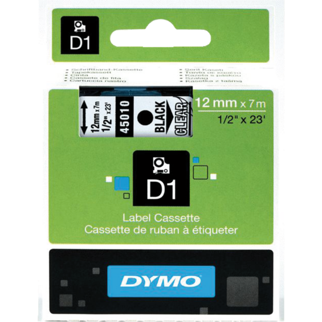 Lettertape Dymo 12 mm D1 transparant/zwart