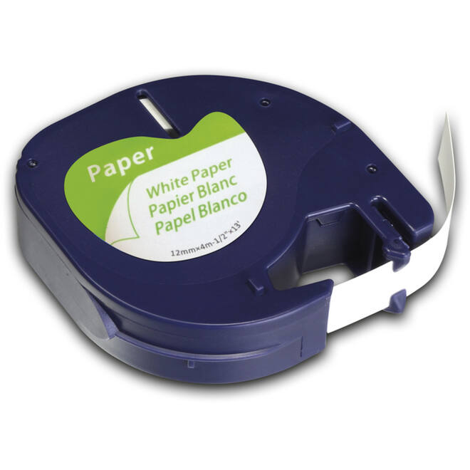 Lettertape 12mm x 4m wit papier (compatible met  Dymo LetraTag)