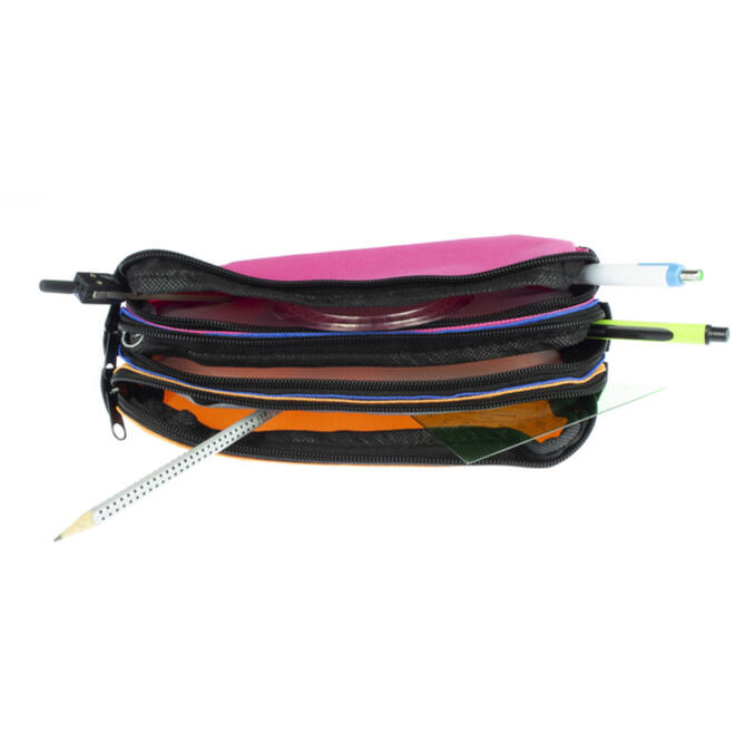 Schooletui 3-vaks oranje/ blauw/fuchsia ca 25 x 9 x 11 cm