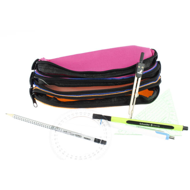 Schooletui 3-vaks oranje/ blauw/fuchsia ca 25 x 9 x 11 cm