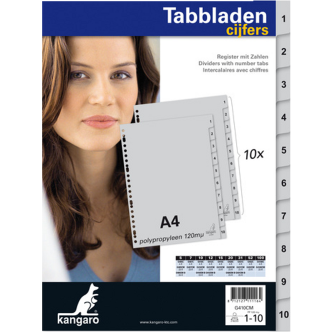 Tabbladen Kangaro A4 cijfers PP 120mµ grijs 23-rings 10-delig
