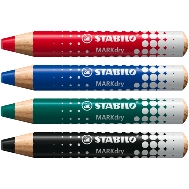 Whiteboardpotlood STABILO MARKdry assorti 4 stuks, incl. slijper en wisdoek