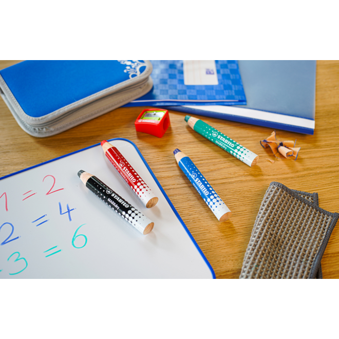 Whiteboardpotlood STABILO MARKdry assorti 4 stuks, incl. slijper en wisdoek