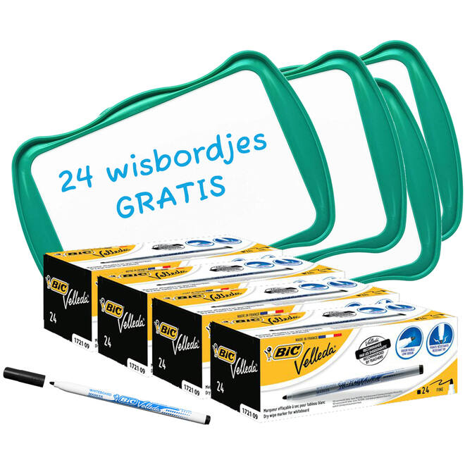 Whiteboardmarkers BIC 1721 zwart, 144 stuks + 24 wisborden Combi-Deal