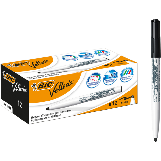 Whiteboardstiften BIC Velleda 1741 zwart, 12 stuks