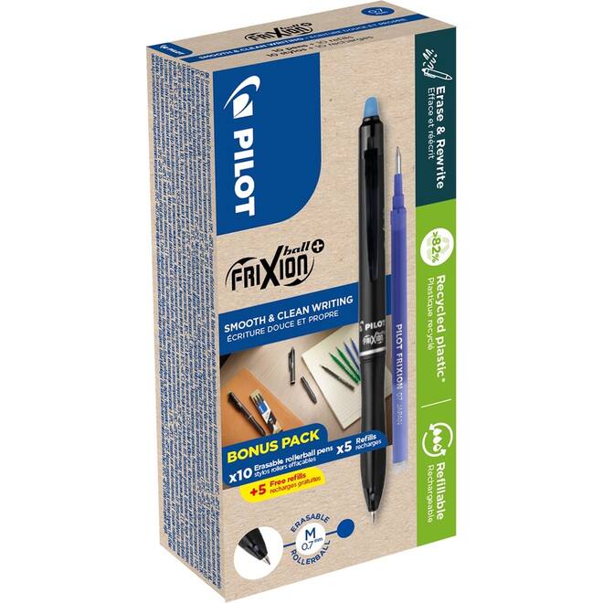 Rollerpen Pilot Frixion Ball plus medium blauw, 10 stuks incl. 10 navulling