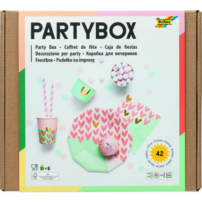Party-Box roze hartjes, 6-persoons (42-delig)