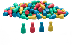 Pionnen in 4 kleuren (25 rode, groene, blauwe en gele), set van 100 stuks