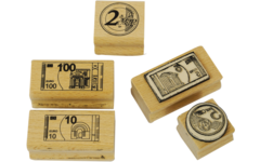 Valutastempels EURO van hout met stempelkussen, 16-delige set