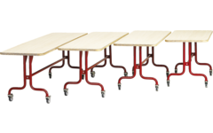 Tafel 150 x 60 cm, rood onderstel blad met berkenstructuur hoogte 71 cm