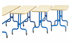 Tafel 180 x 60 cm, blauw onderstel blad met berkenstructuur hoogte 71 cm