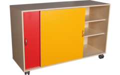 Materiaalkast Flex 4, 4 legplanken gekleurde schuifdeuren en wielen, Ahorn