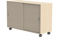 Materiaalkast Flex 4, 4 legplanken met schuifdeuren en wielen, ahorn