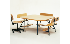 Peuterinstructietafel met 3 banken, blauw onderstel en berkenstructuur blad
