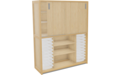 Kast 640 serie Ahorn., boven 4 leg- pl.+deuren,onder 20 laden en legpl