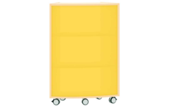 Boogkast op 5 wielen, acryl achterwand geel aan buitenkant 45°, ahorn