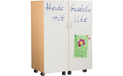 Klapkast Uni beuken verrijdbaar,  deuren whitebord, 105 x 68 x 146 cm