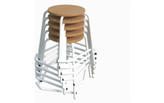 Kruk met verspringende steunen, wit met houten zitting, stapelbaar