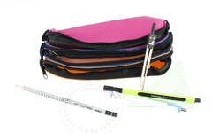 Schooletui 3-vaks oranje/ blauw/fuchsia ca 25 x 9 x 11 cm