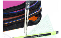 Schooletui 3-vaks oranje/ blauw/fuchsia ca 25 x 9 x 11 cm