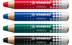 Whiteboardpotlood STABILO MARKdry assorti 4 stuks, incl. slijper en wisdoek