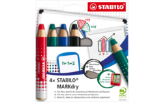 Whiteboardpotlood STABILO MARKdry assorti 4 stuks, incl. slijper en wisdoek